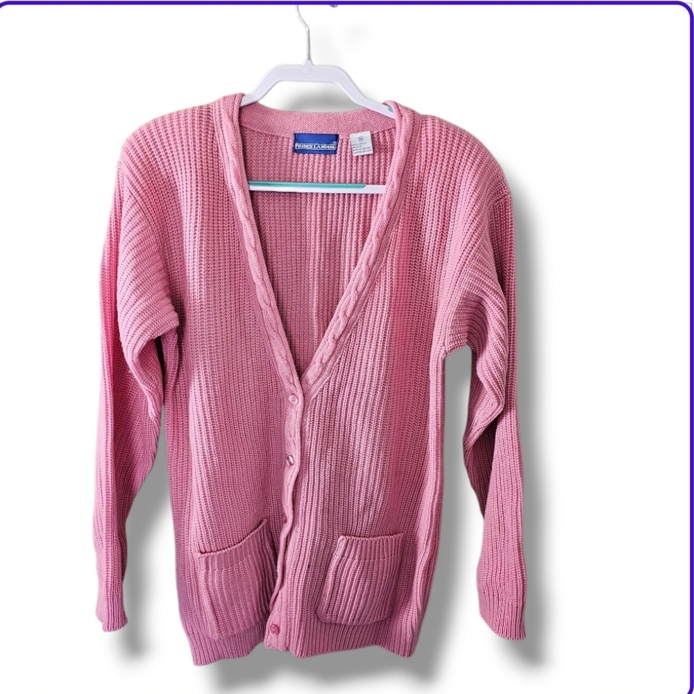 Vintage Pink V Neck Cardigan Long sweater dolman Oversized Cottage M